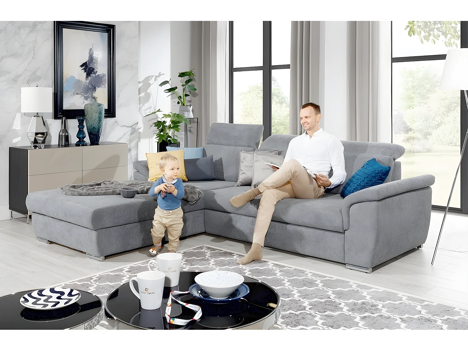 Canapé d'angle convertible en tissu Luxe, gris, 5 places, angle gauche (vu de face) , TRESOR