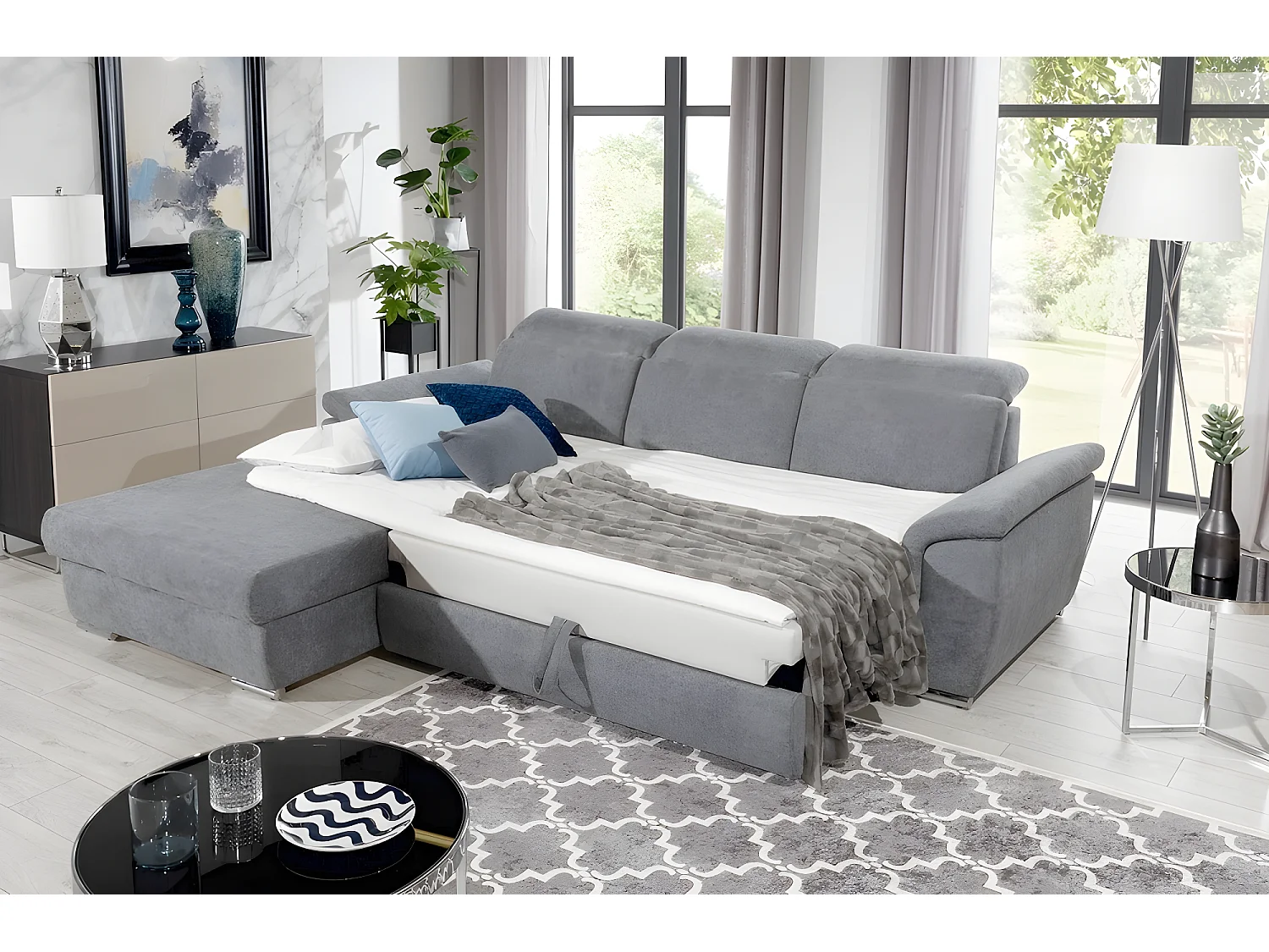 Canapé d'angle convertible en tissu Luxe, gris, 5 places, angle gauche (vu de face) , TRESOR