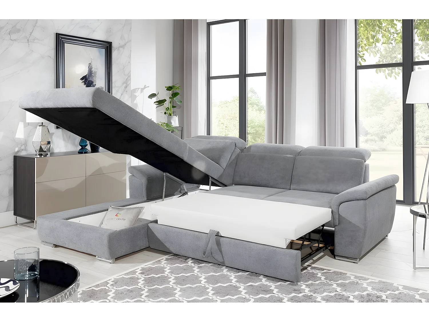 Canapé d'angle convertible en tissu Luxe, gris, 5 places, angle gauche (vu de face) , TRESOR