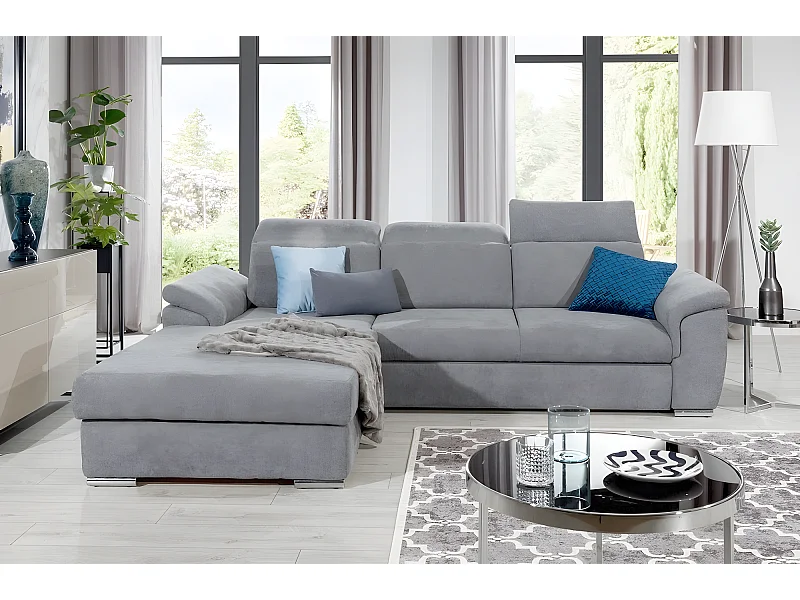 Canapé d'angle convertible en tissu Luxe, gris, 5 places, angle gauche (vu de face) , TRESOR