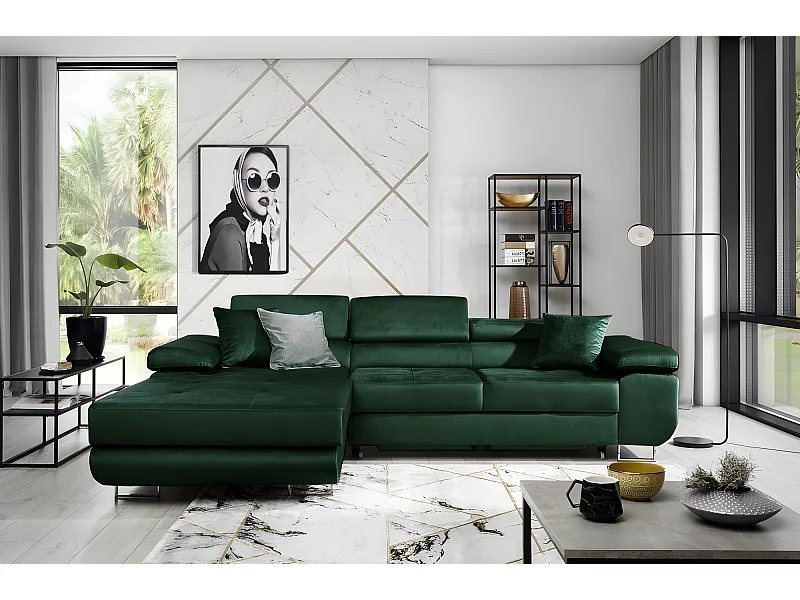 Canapé d'angle convertible ARMEL en tissu velours luxe 5 places, couleur vert foncé, avec coffre, angle gauche (vu de face)