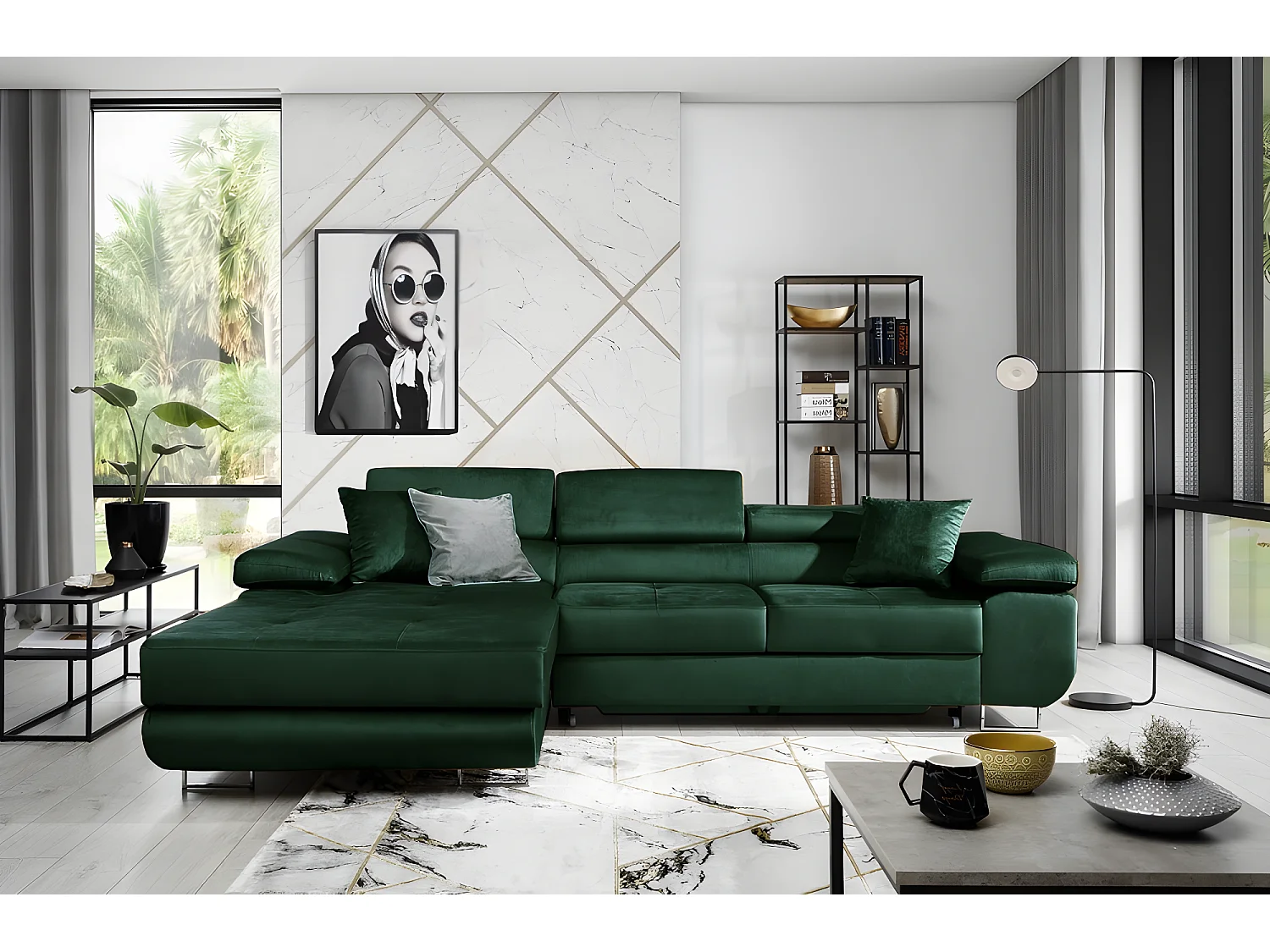 Canapé d'angle convertible ARMEL en tissu velours luxe 5 places, couleur vert foncé, avec coffre, angle gauche (vu de face)