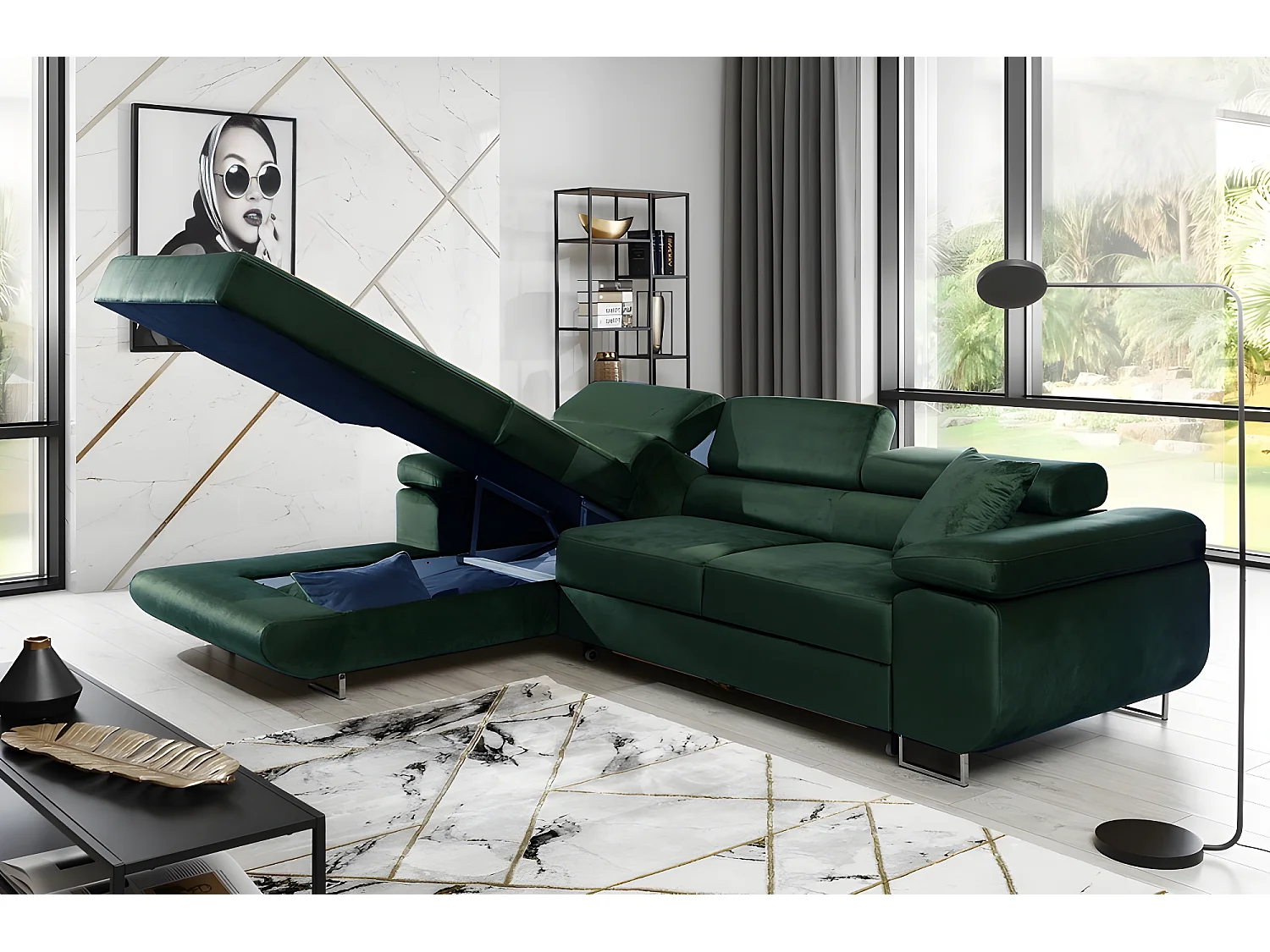 Canapé d'angle convertible ARMEL en tissu velours luxe 5 places, couleur vert foncé, avec coffre, angle gauche (vu de face)