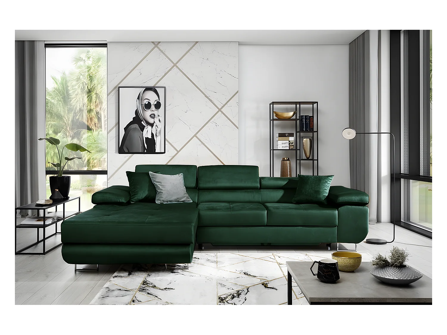 Canapé d'angle convertible ARMEL en tissu velours luxe 5 places, couleur vert foncé, avec coffre, angle gauche (vu de face)