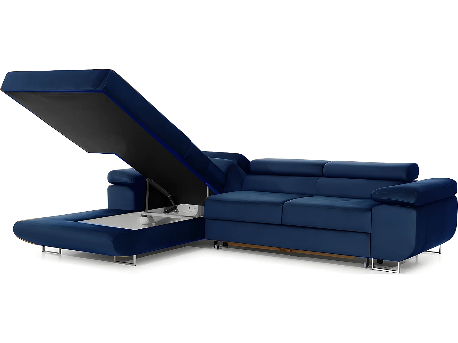 Canapé d'angle convertible ARMEL en tissu velours luxe 5 places, couleur bleu foncé, avec coffre, angle gauche (vu de face)