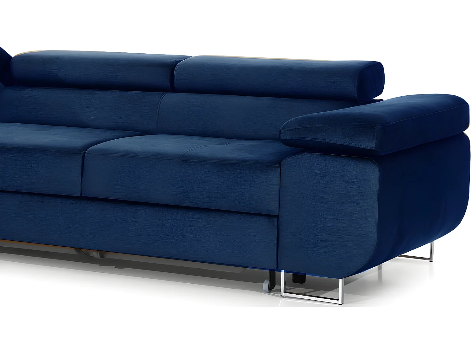 Canapé d'angle convertible ARMEL en tissu velours luxe 5 places, couleur bleu foncé, avec coffre, angle gauche (vu de face)