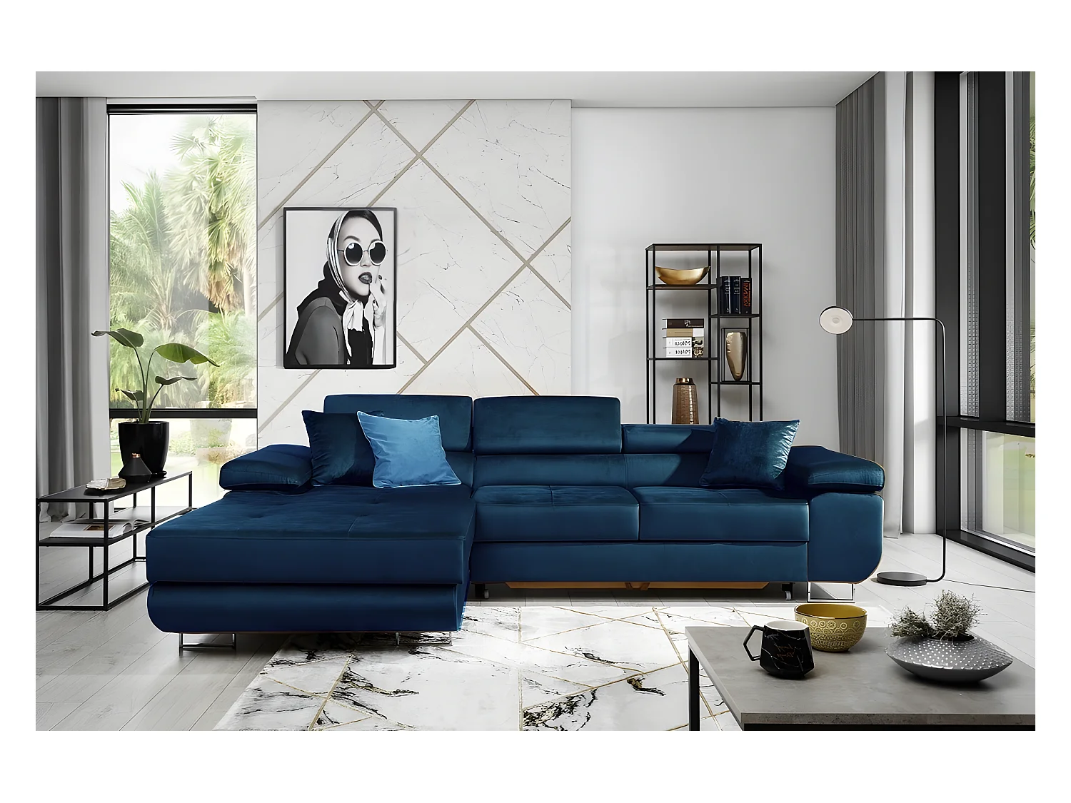 Canapé d'angle convertible ARMEL en tissu velours luxe 5 places, couleur bleu foncé, avec coffre, angle gauche (vu de face)