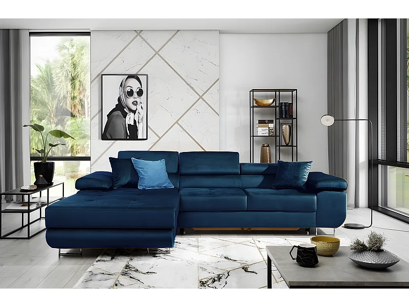 Canapé d'angle convertible ARMEL en tissu velours luxe 5 places, couleur bleu foncé, avec coffre, angle gauche (vu de face)