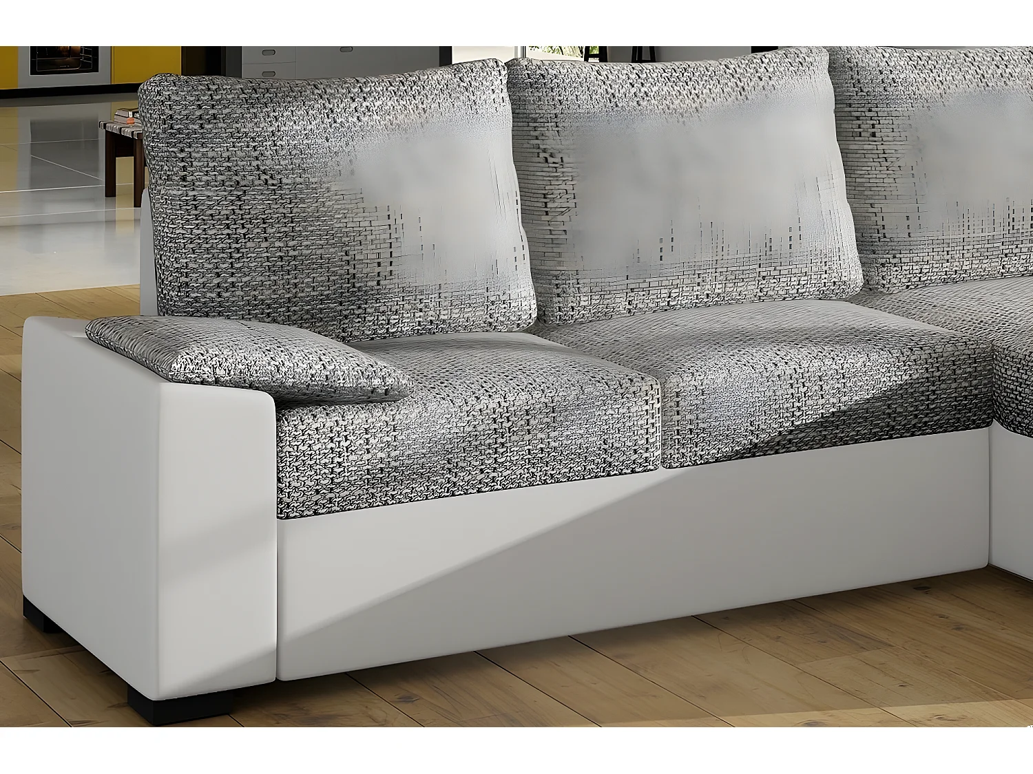 Canapé d'angle convertible - en tissu gris et simili blanc, angle droit (vu de face) - LUCAS