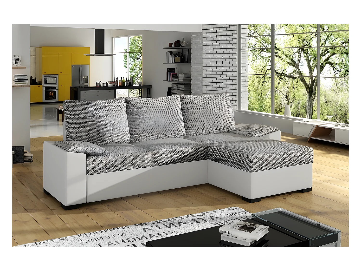 Canapé d'angle convertible - en tissu gris et simili blanc, angle droit (vu de face) - LUCAS