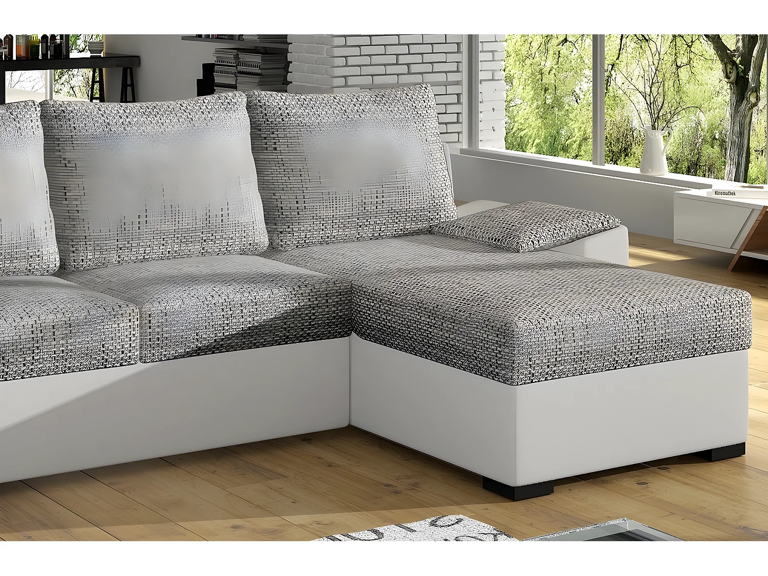 Canapé d'angle convertible - en tissu gris et simili blanc, angle droit (vu de face) - LUCAS