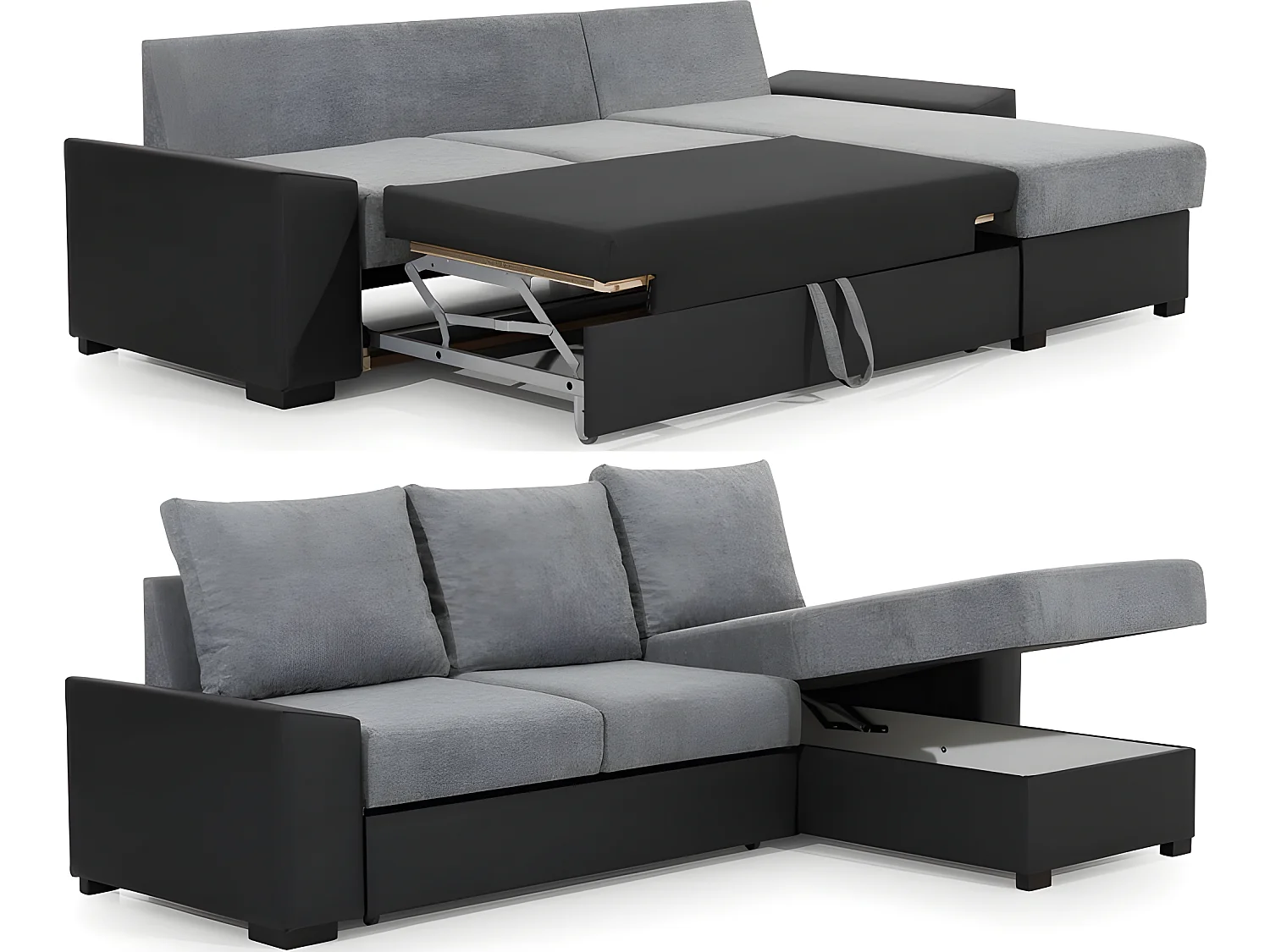 Canapé d'angle convertible - en tissu gris et simili blanc, angle droit (vu de face) - LUCAS