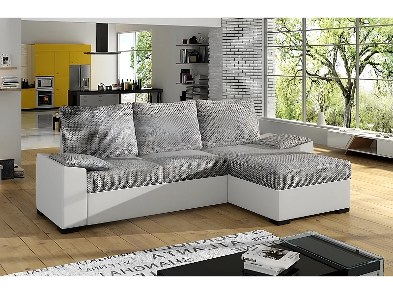 Canapé d'angle convertible - en tissu gris et simili blanc, angle droit (vu de face) - LUCAS