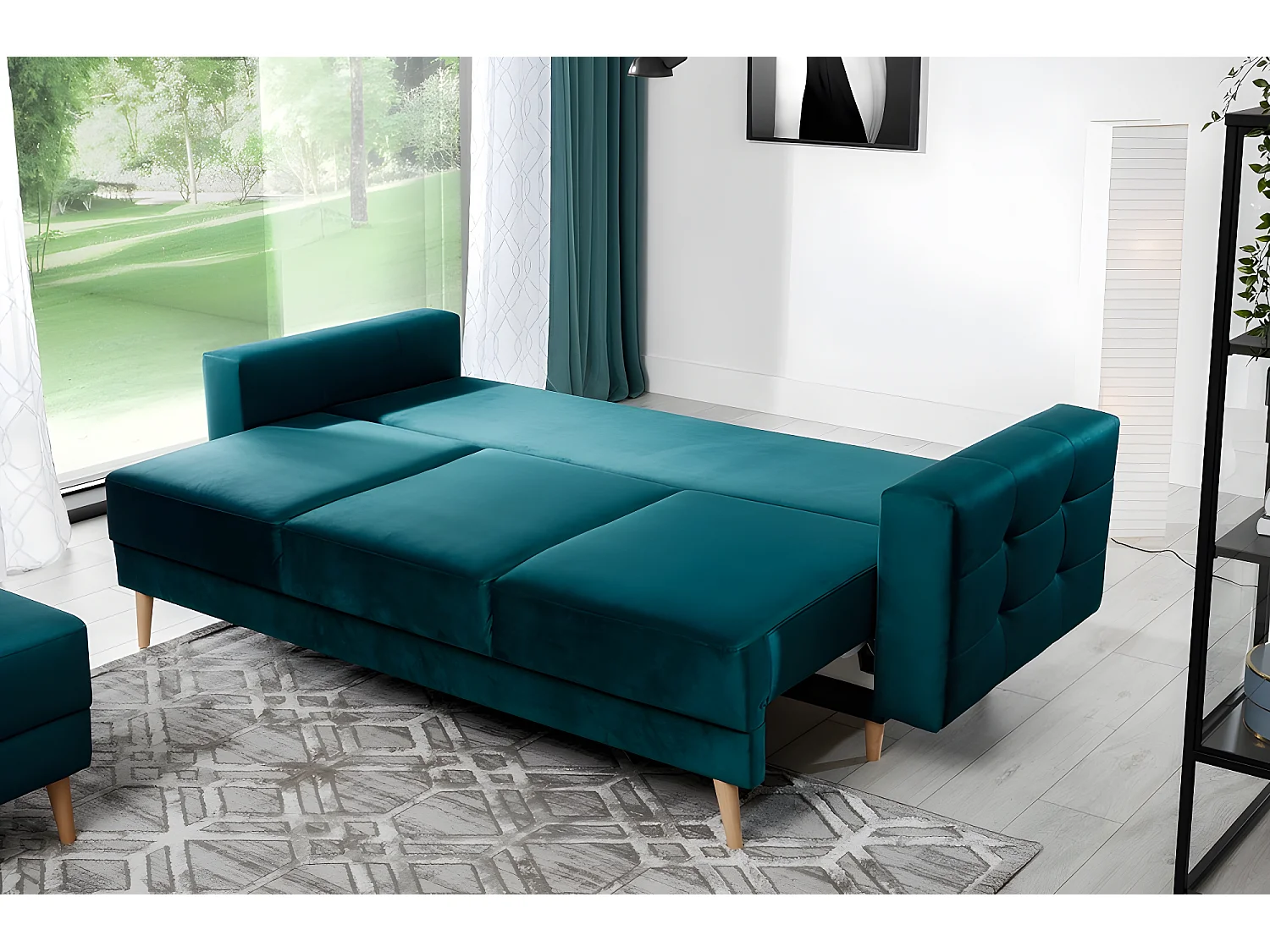 Canapé 3 places convertible - en tissu de qualité vert, ASVENA VELOURS