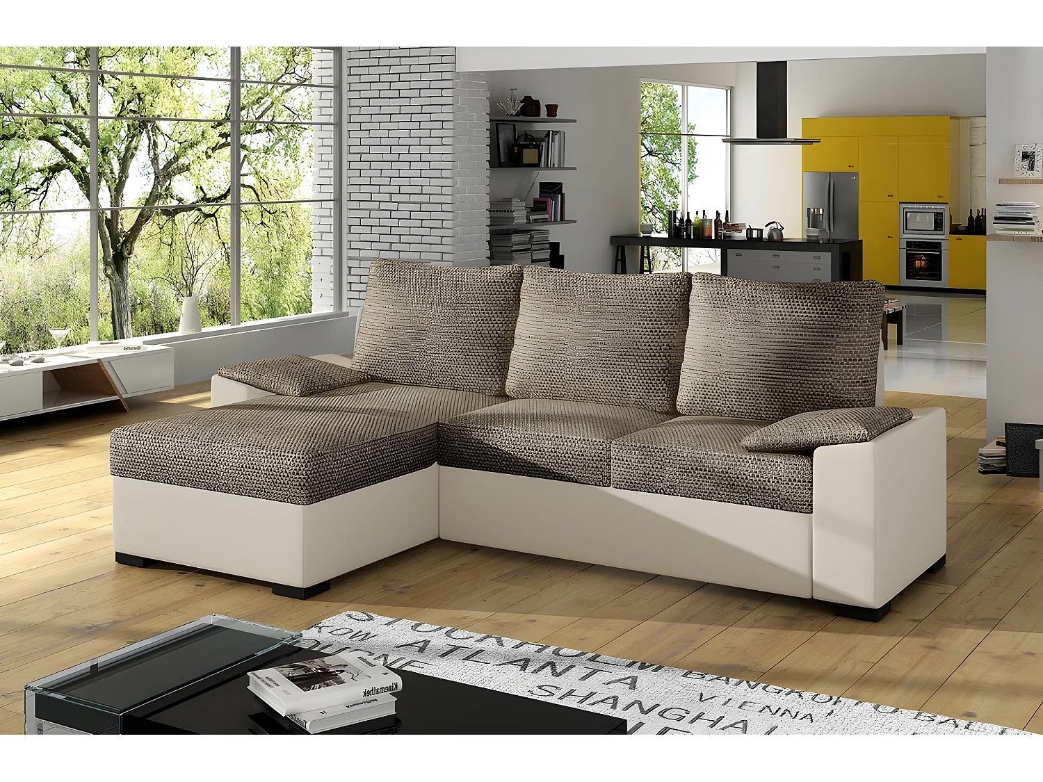 Canapé d'angle convertible - en tissu marron et simili beige, angle gauche (vu de face) - LUCAS