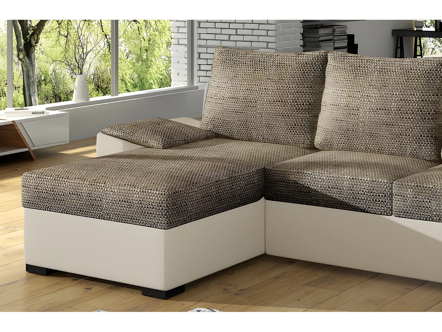 Canapé d'angle convertible - en tissu marron et simili beige, angle gauche (vu de face) - LUCAS