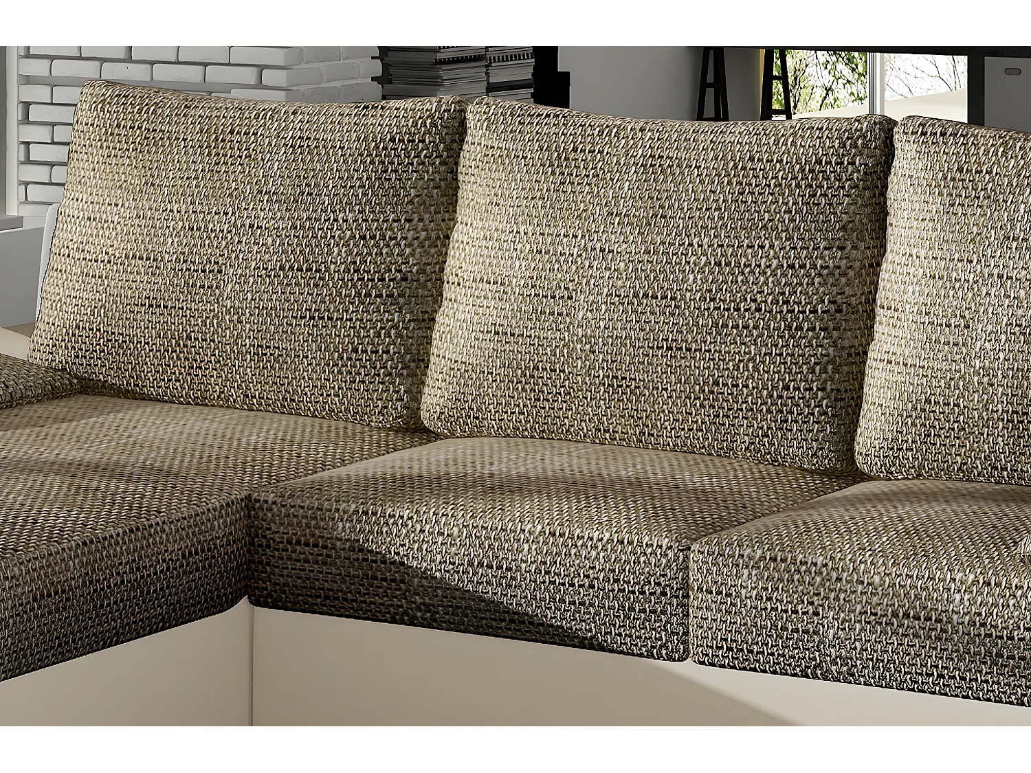 Canapé d'angle convertible - en tissu marron et simili beige, angle gauche (vu de face) - LUCAS