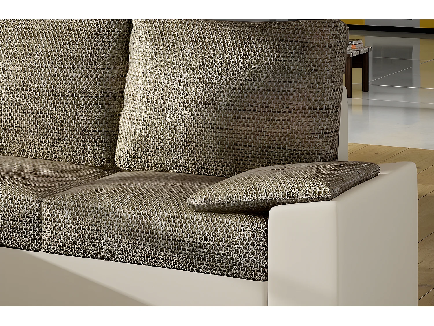 Canapé d'angle convertible - en tissu marron et simili beige, angle gauche (vu de face) - LUCAS