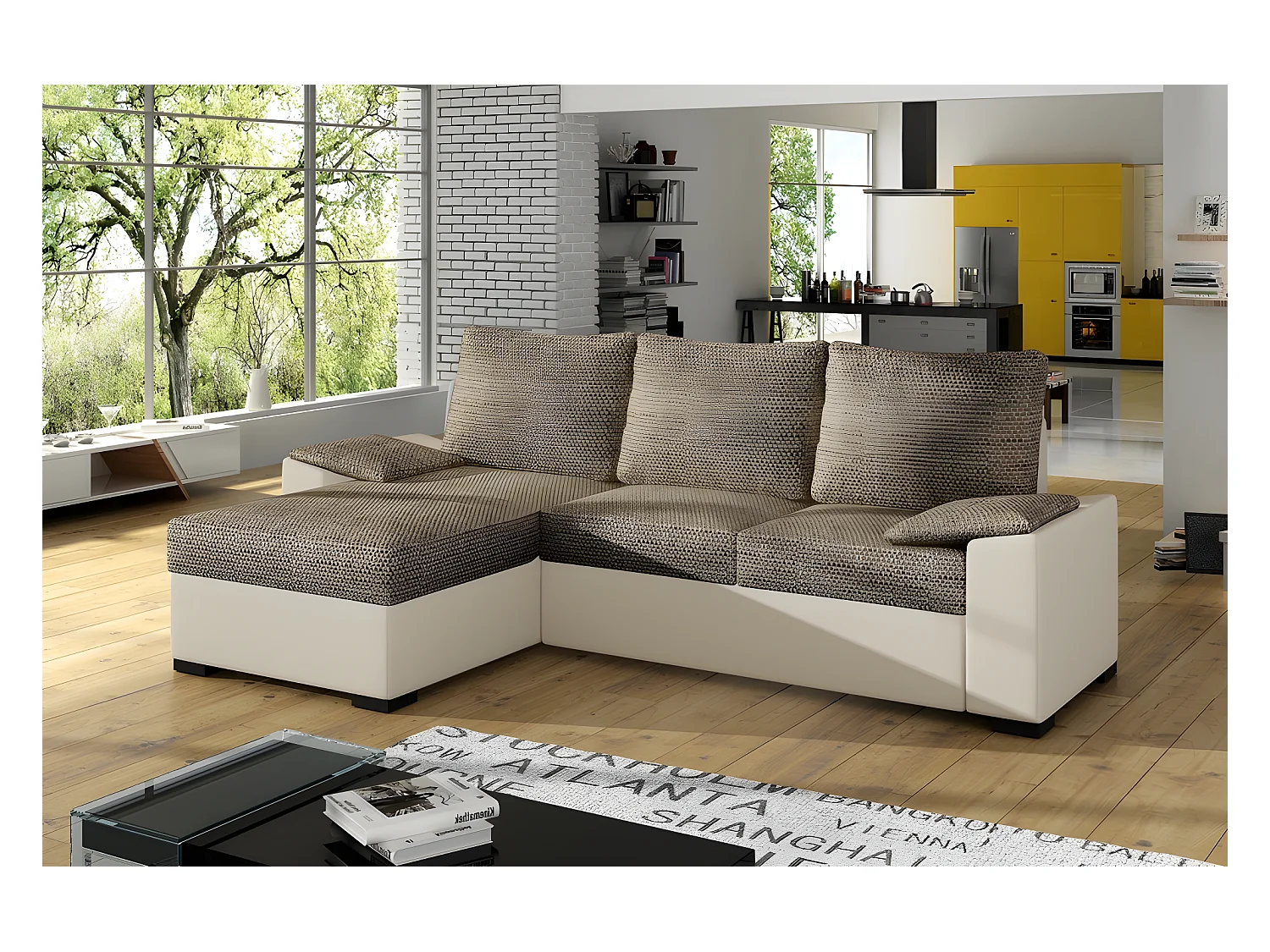 Canapé d'angle convertible - en tissu marron et simili beige, angle gauche (vu de face) - LUCAS