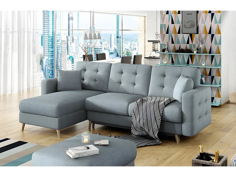 Canapé d'angle convertible ASSIA - en tissu de qualité 5 places, bleu, angle gauche (vu de face)