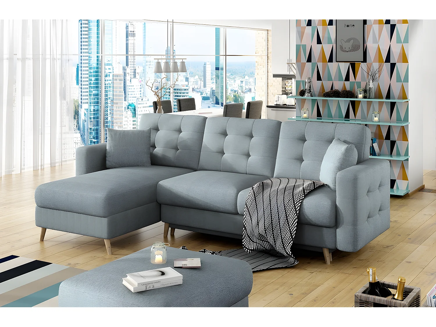 Canapé d'angle convertible ASSIA - en tissu de qualité 5 places, bleu, angle gauche (vu de face)