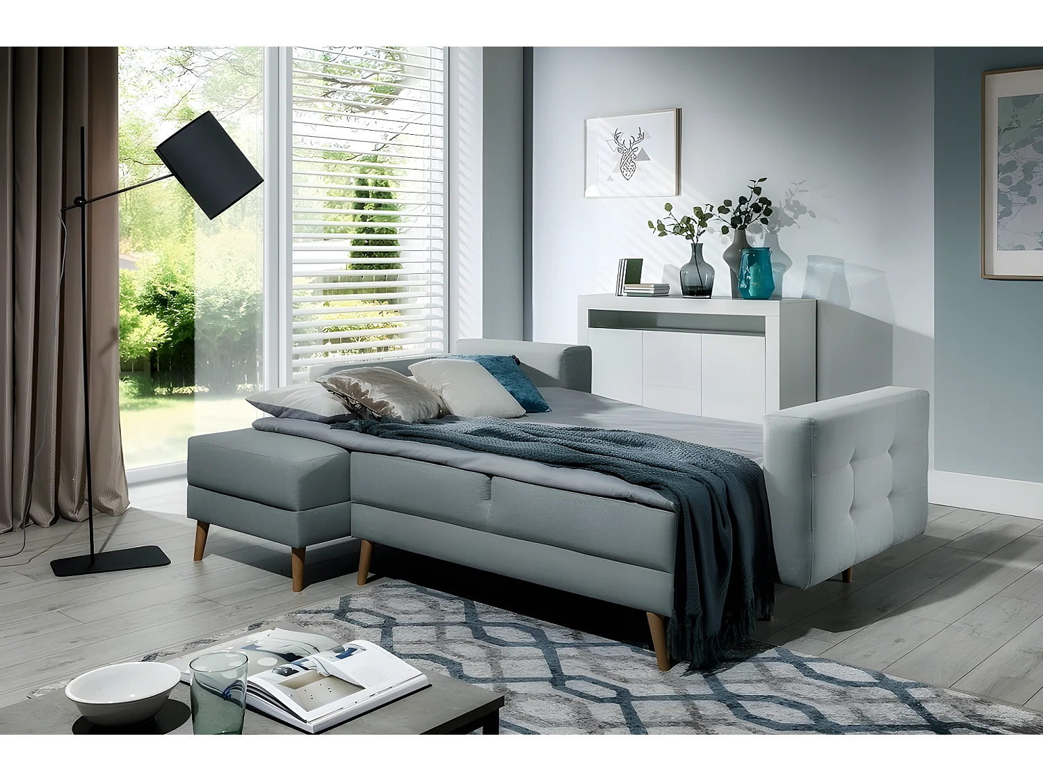 Canapé d'angle convertible ASSIA - en tissu de qualité 5 places, bleu, angle gauche (vu de face)