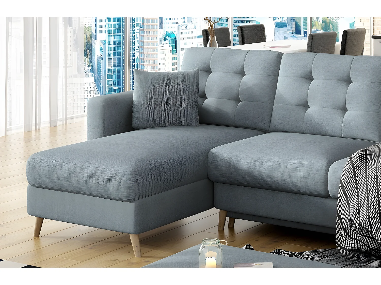 Canapé d'angle convertible ASSIA - en tissu de qualité 5 places, bleu, angle gauche (vu de face)