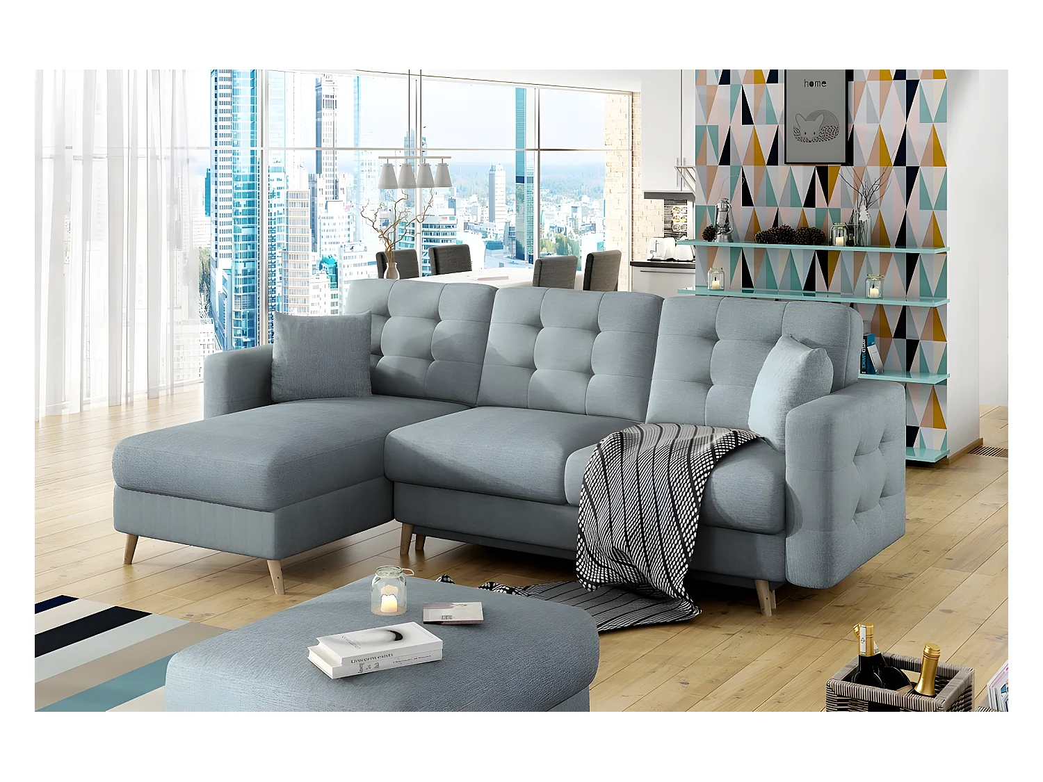 Canapé d'angle convertible ASSIA - en tissu de qualité 5 places, bleu, angle gauche (vu de face)
