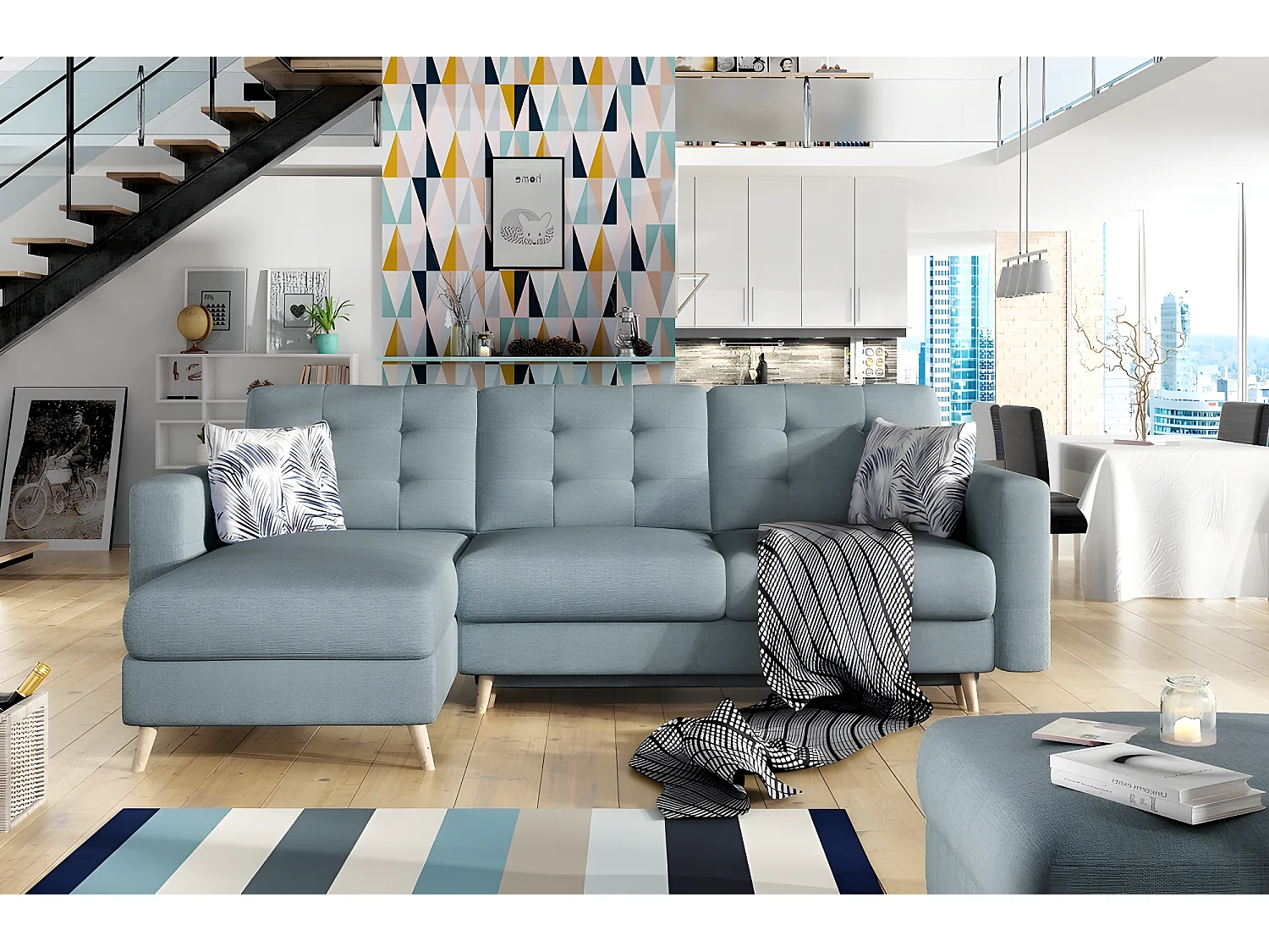 Hoekbank ASSIA in hoogwaardige blauwe stof, omvormbaar