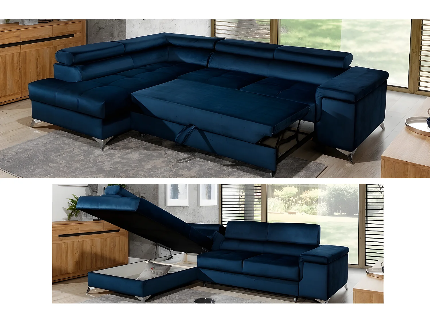 Canapé d'angle - convertible - ERIKA - en tissu luxe 5 places, BLEU et GRIS, angle gauche (vu de face)