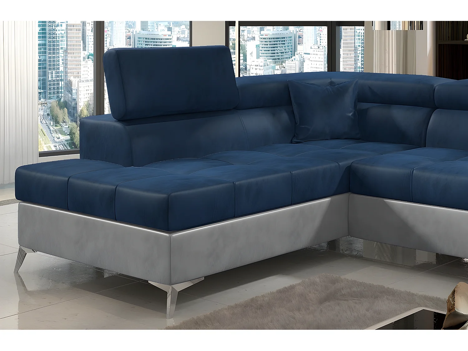 Canapé d'angle - convertible - ERIKA - en tissu luxe 5 places, BLEU et GRIS, angle gauche (vu de face)