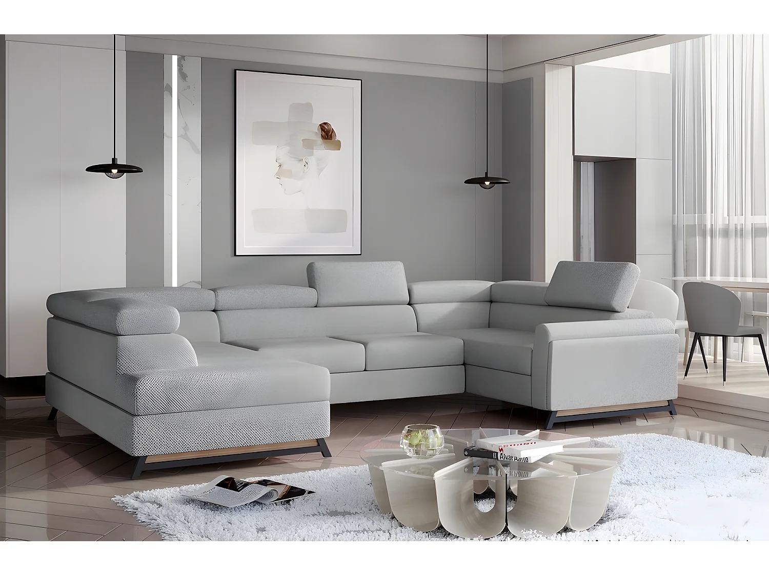 Canapé panoramique convertible - ESTEBAN - en tissu prestige luxe gris -  7 places, partie sans accoudoir à gauche (vu de face)