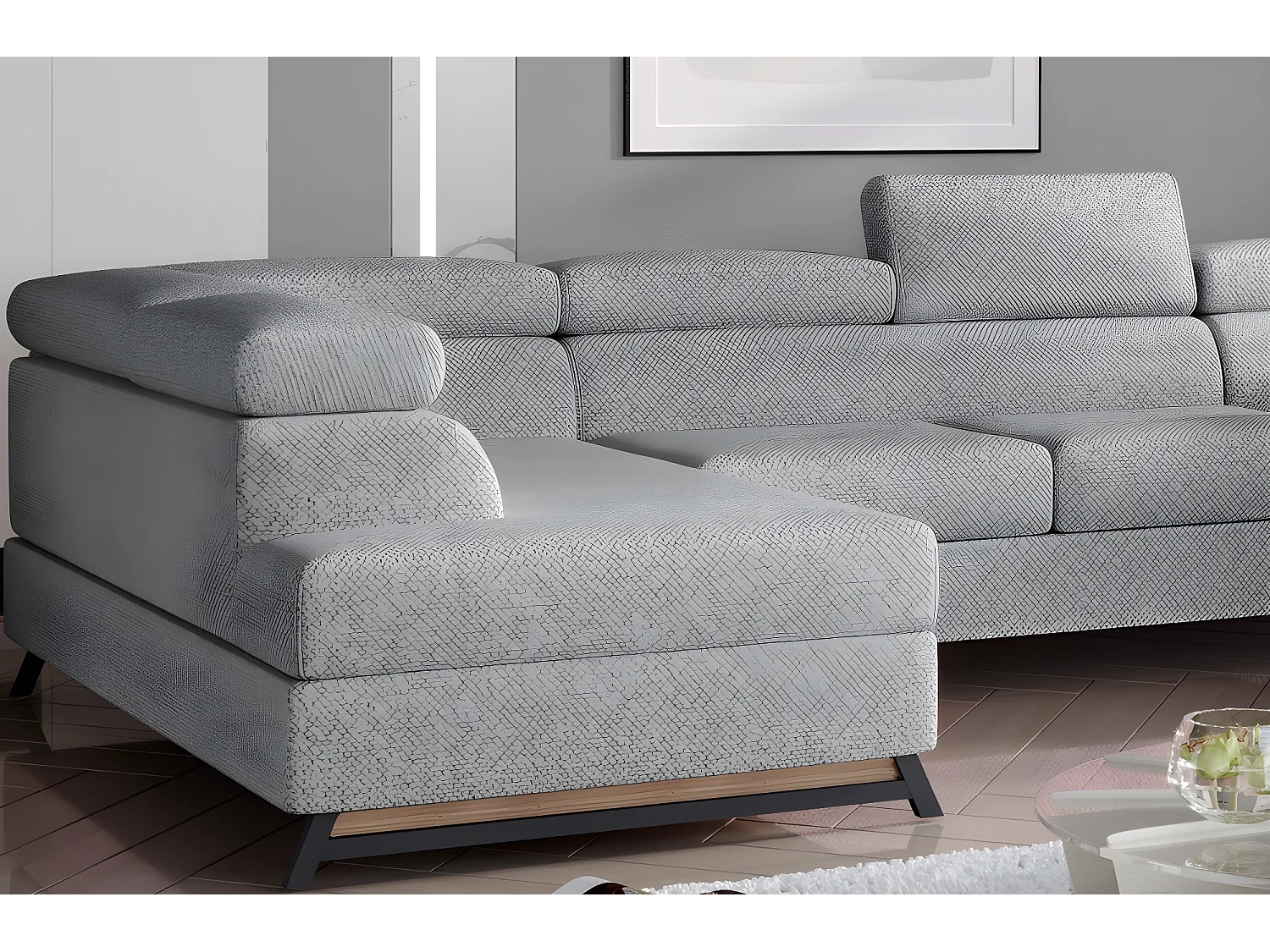 Canapé panoramique convertible - ESTEBAN - en tissu prestige luxe gris -  7 places, partie sans accoudoir à gauche (vu de face)