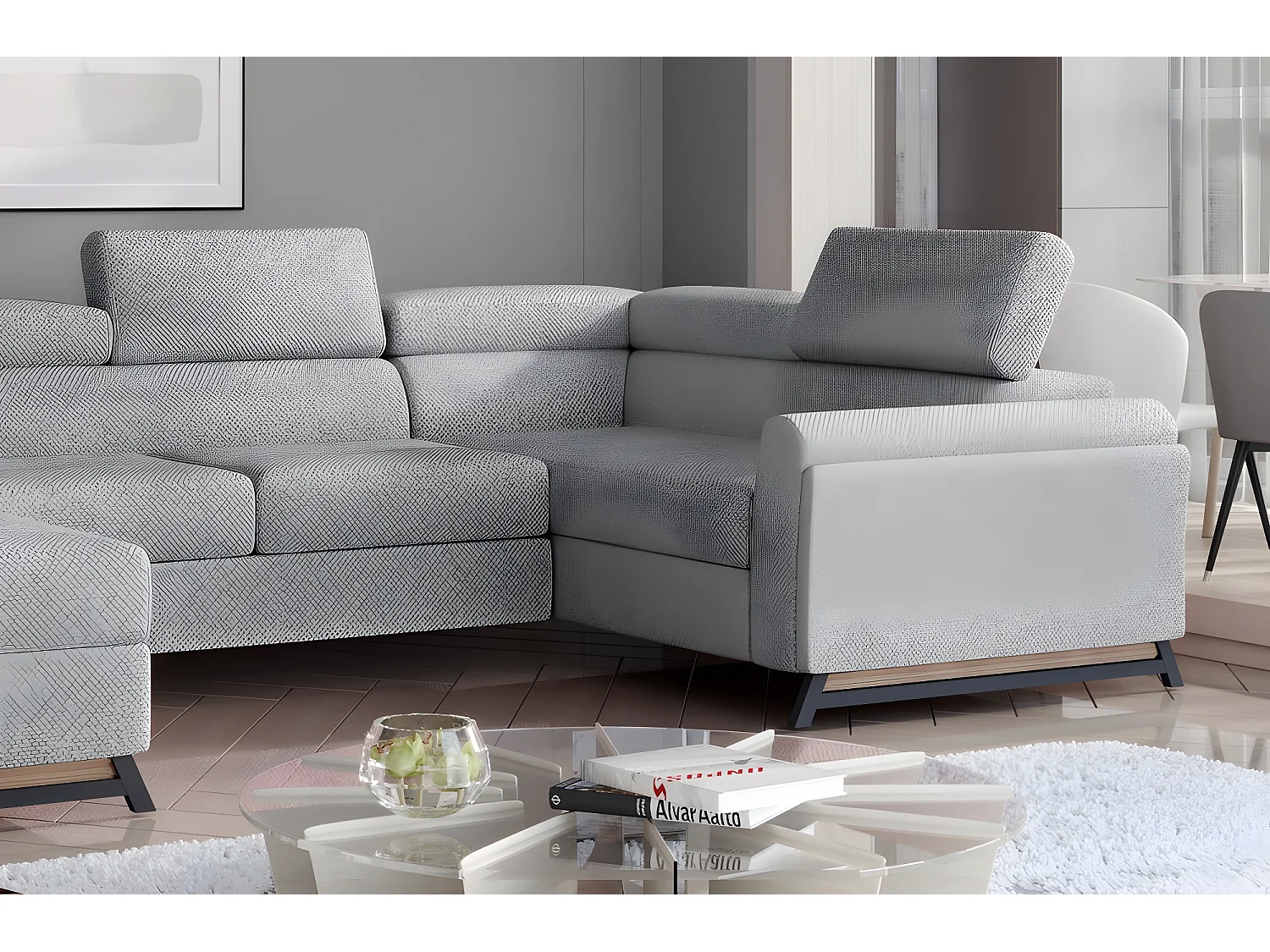 Canapé panoramique convertible - ESTEBAN - en tissu prestige luxe gris -  7 places, partie sans accoudoir à gauche (vu de face)