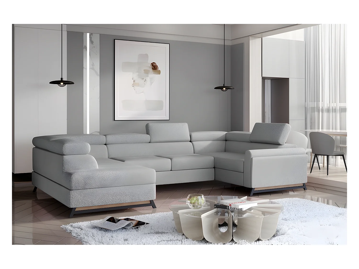 Canapé panoramique convertible - ESTEBAN - en tissu prestige luxe gris -  7 places, partie sans accoudoir à gauche (vu de face)