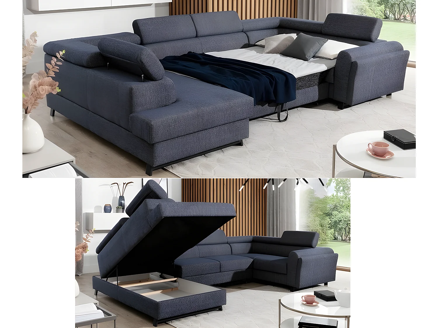 Canapé panoramique convertible - ESTEBAN - en tissu prestige luxe gris -  7 places, partie sans accoudoir à gauche (vu de face)