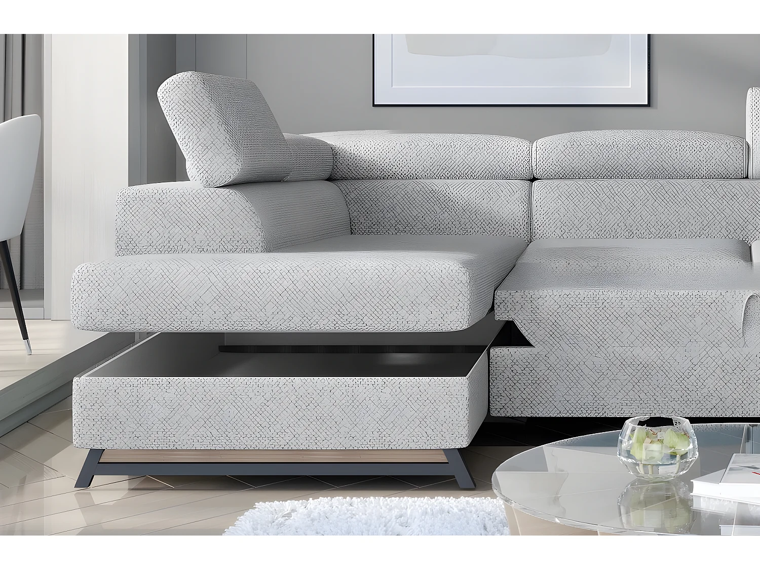 Canapé panoramique convertible - ESTEBAN - en tissu prestige luxe gris -  7 places, partie sans accoudoir à gauche (vu de face)