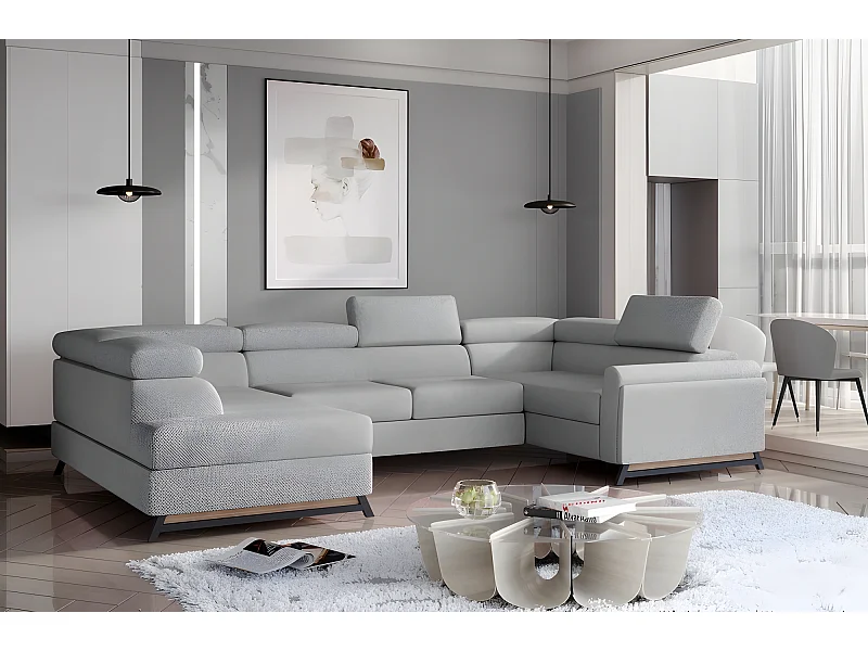 Canapé panoramique convertible - ESTEBAN - en tissu prestige luxe gris -  7 places, partie sans accoudoir à gauche (vu de face)