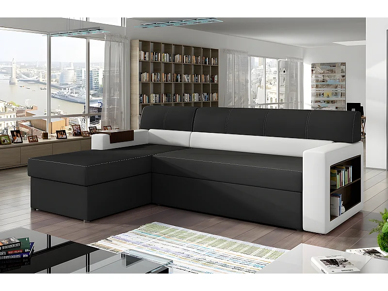 Canapé d'angle convertible en tissu luxe noir et simili cuir blanc cassé, 5 places, avec coffre, angle gauche (vu de face) - RICCI