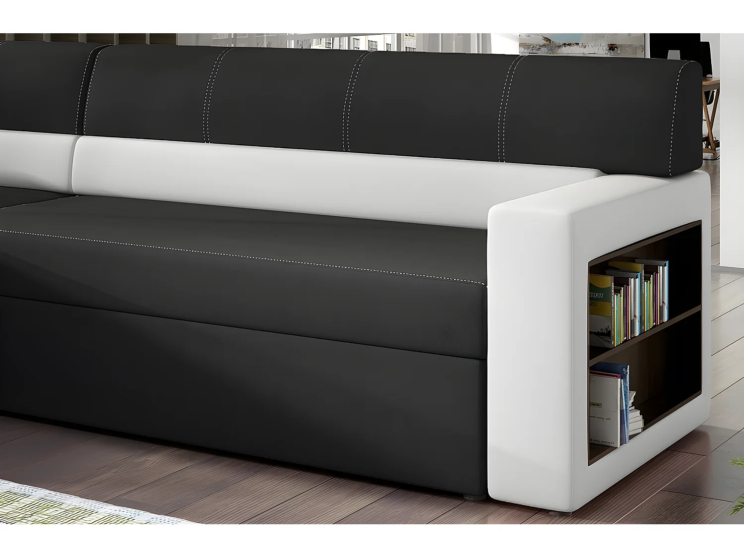 Canapé d'angle convertible en tissu luxe noir et simili cuir blanc cassé, 5 places, avec coffre, angle gauche (vu de face) - RICCI