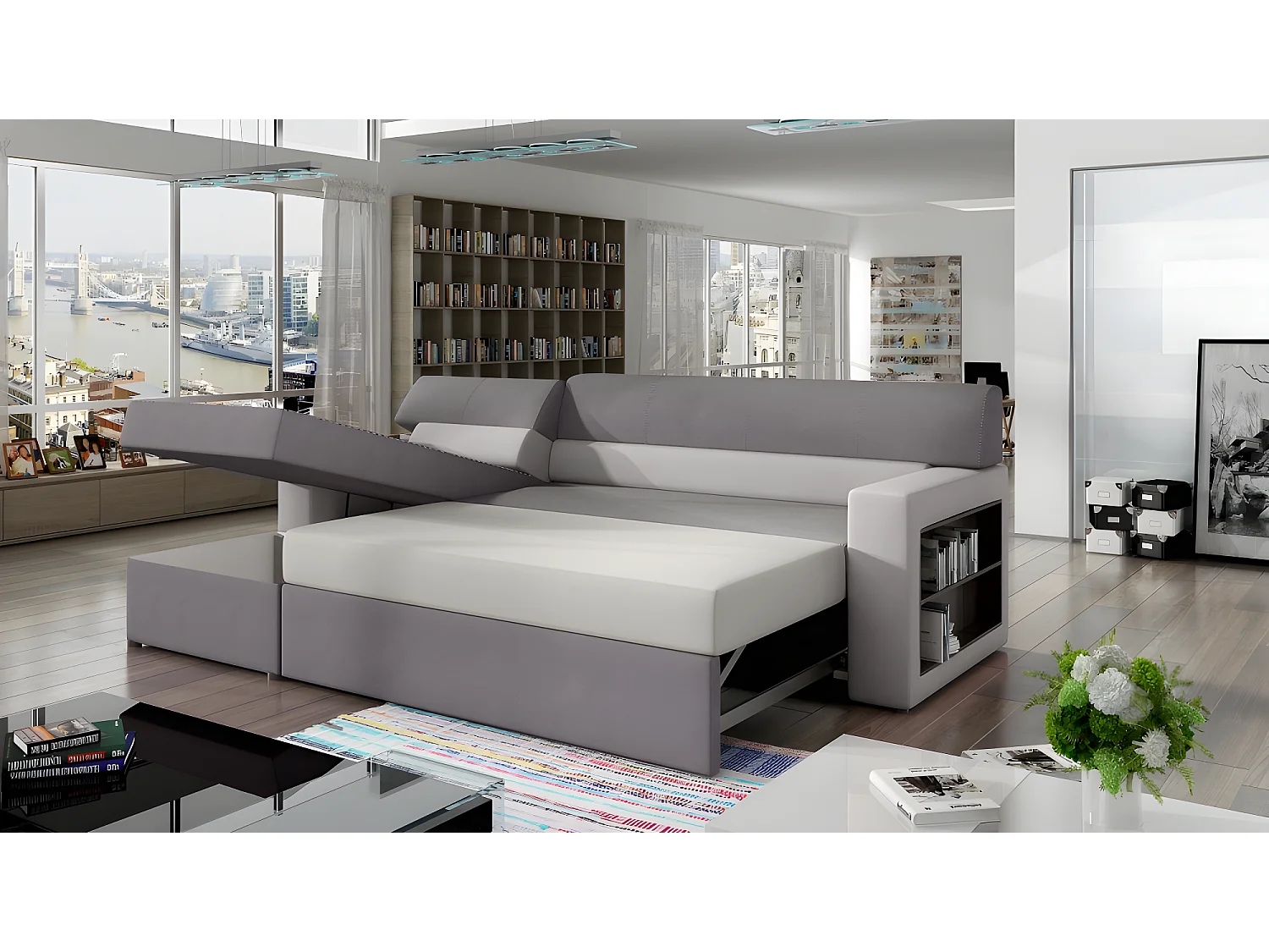 Canapé d'angle convertible en tissu luxe noir et simili cuir blanc cassé, 5 places, avec coffre, angle gauche (vu de face) - RICCI