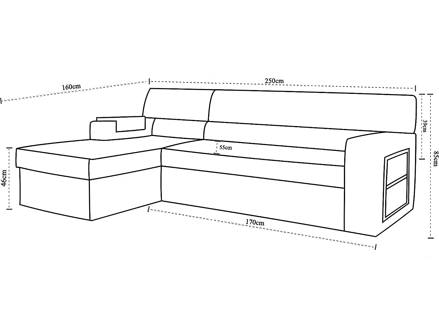 Canapé d'angle convertible en tissu luxe noir et simili cuir blanc cassé, 5 places, avec coffre, angle gauche (vu de face) - RICCI