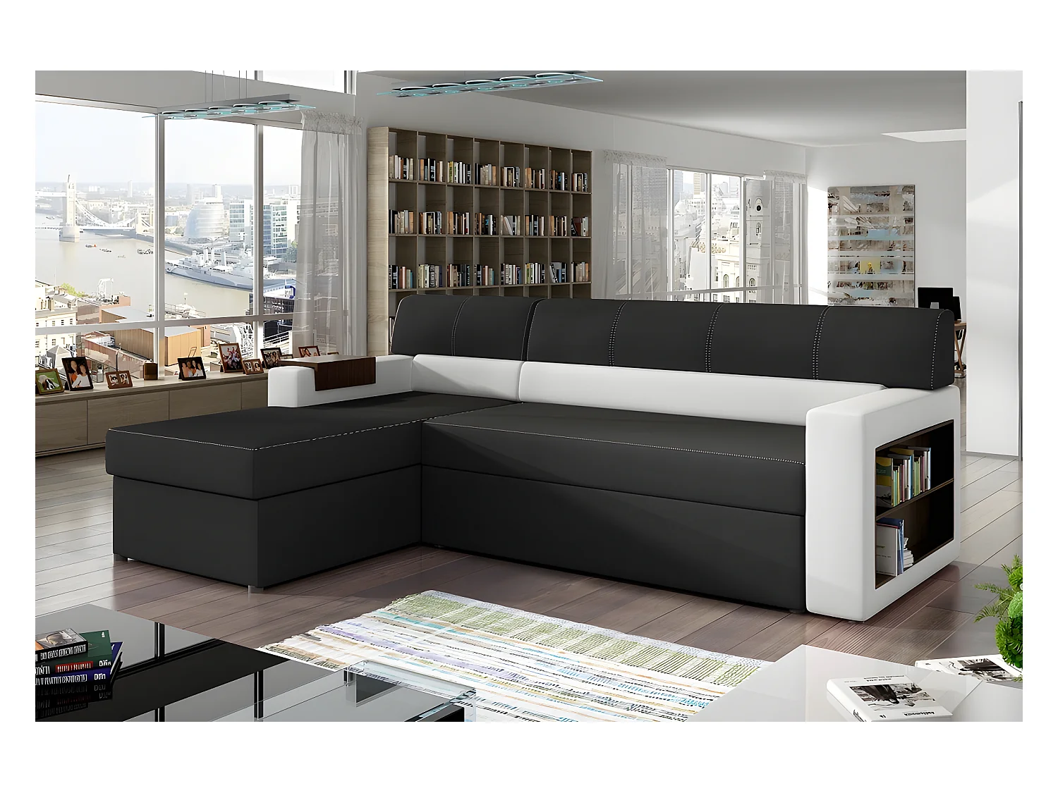 Canapé d'angle convertible en tissu luxe noir et simili cuir blanc cassé, 5 places, avec coffre, angle gauche (vu de face) - RICCI