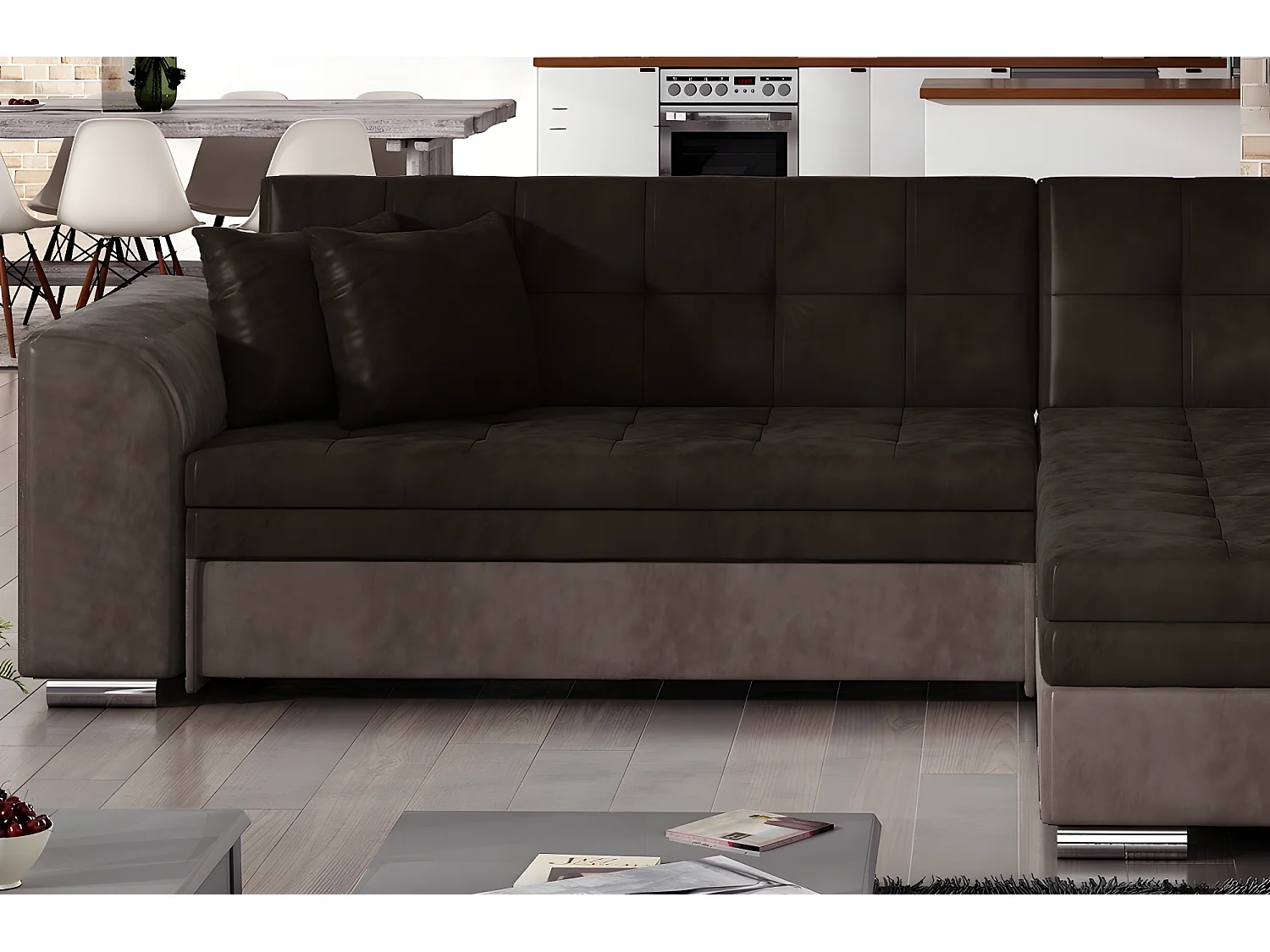 Canapé d'angle convertible en tissu velours Luxe, chocolat et marron, 5 places, angle droit (vu de face), SOHO VELOURS