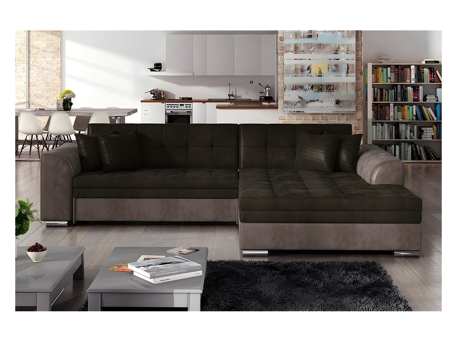 Hoekbank van fluweel omvormbaar tot bed, 5 plaatsen, chocolade en bruin, SOHO VELOURS