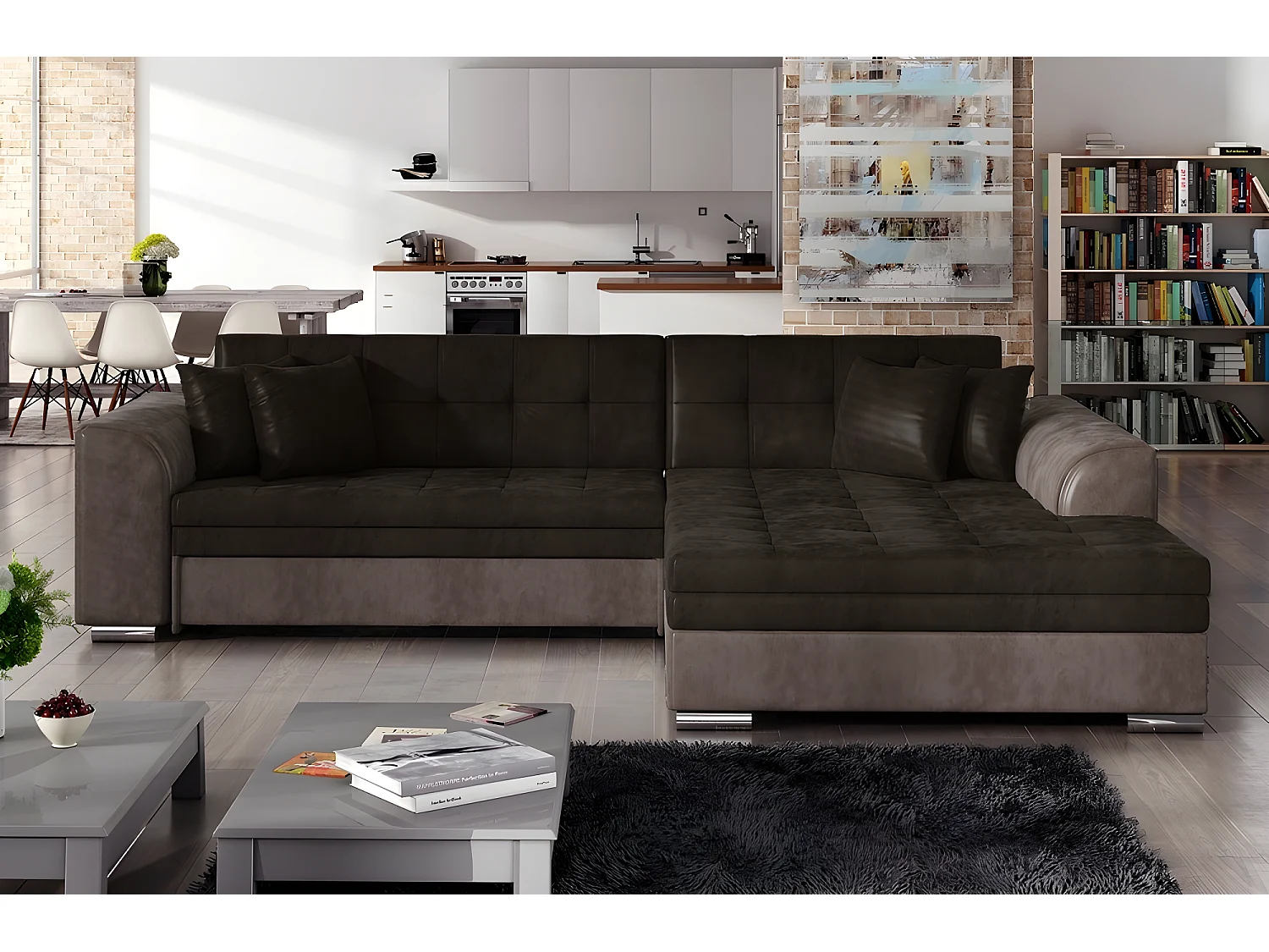 Canapé d'angle convertible en tissu velours Luxe, chocolat et marron, 5 places, angle droit (vu de face), SOHO VELOURS