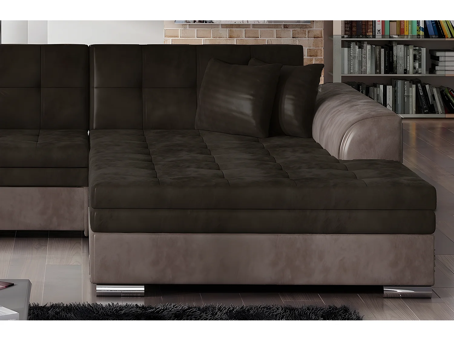 Canapé d'angle convertible en tissu velours Luxe, chocolat et marron, 5 places, angle droit (vu de face), SOHO VELOURS