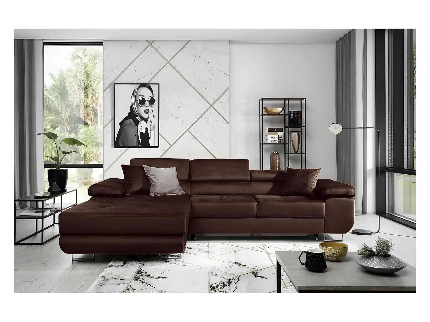 Canapé d'angle convertible ARMEL en tissu velours luxe 5 places, couleur chocolat, avec coffre, angle gauche (vu de face)