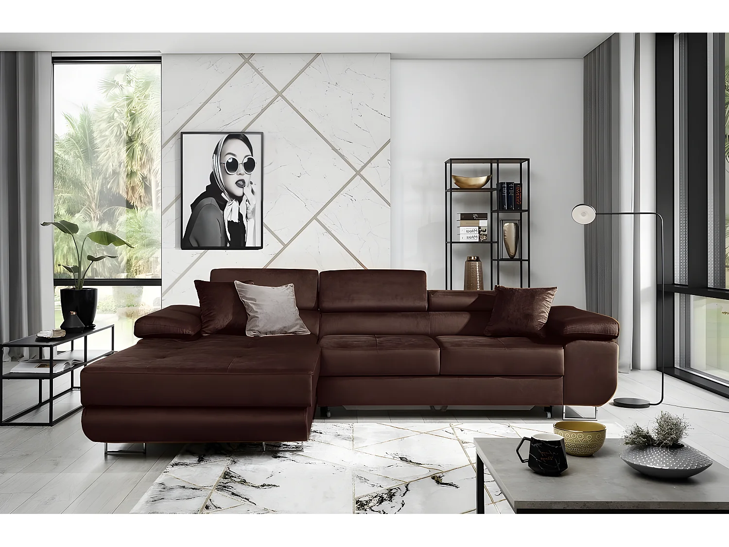 Canapé d'angle convertible ARMEL en tissu velours luxe 5 places, couleur chocolat, avec coffre, angle gauche (vu de face)