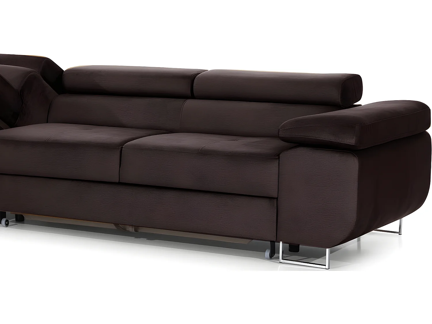 Canapé d'angle convertible ARMEL en tissu velours luxe 5 places, couleur chocolat, avec coffre, angle gauche (vu de face)